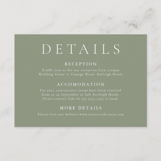 Tarjeta De Recepción Detalles elegantes y modernos del Boda verde sabio (Anverso)