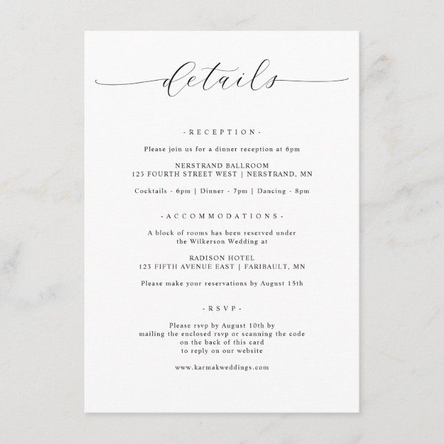 Tarjeta De Recepción Detalles elegantes y sencillos del Boda Minimalist (Anverso)