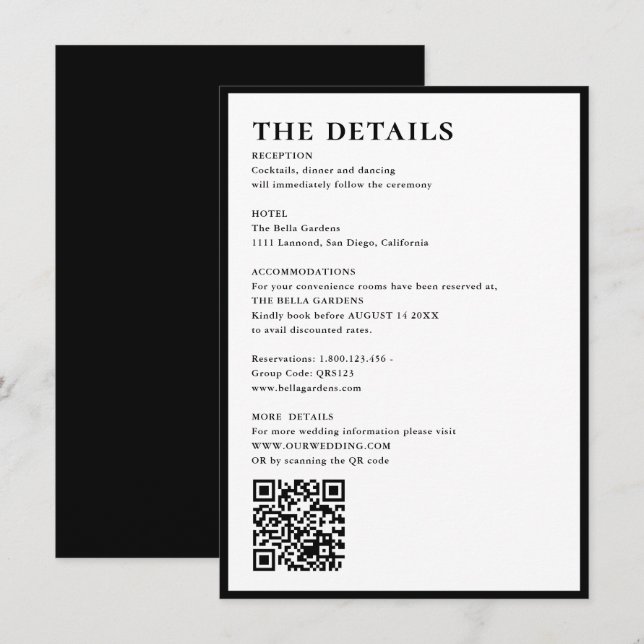 Tarjeta De Recepción Detalles elegantes y simples & Boda con código QR (Anverso / Reverso)