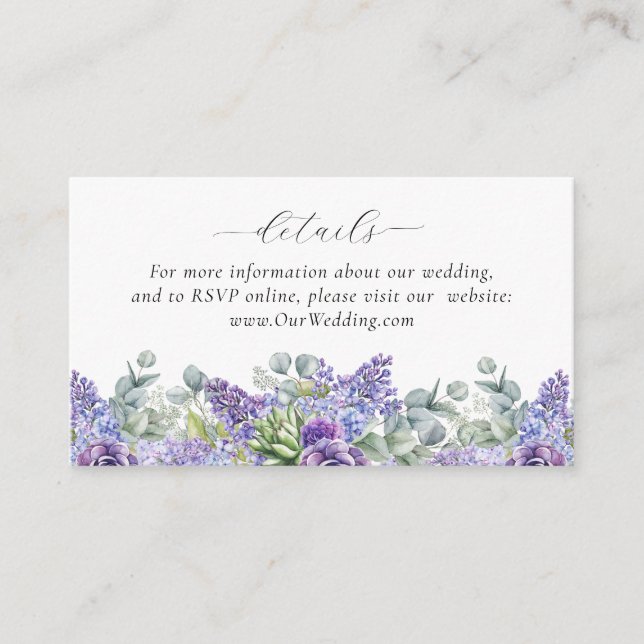 Tarjeta De Recepción Detalles en línea del Boda Purple Floral (Anverso)