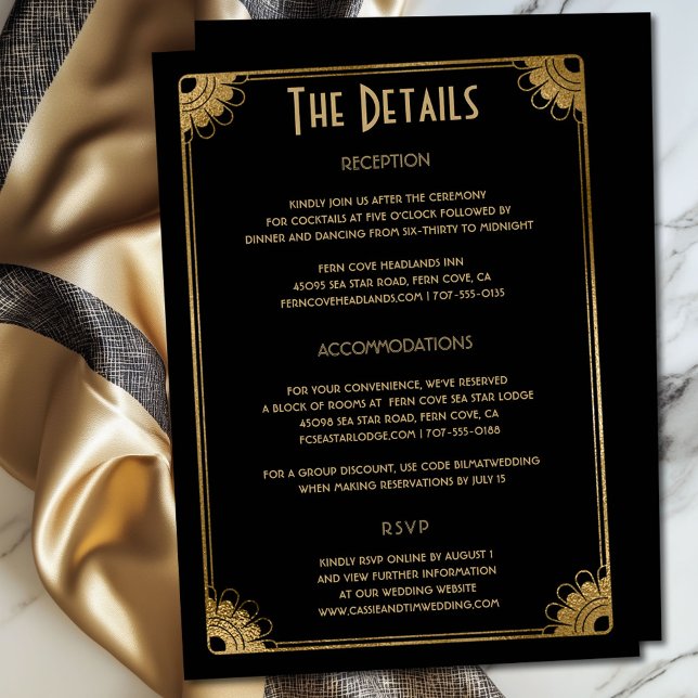 Tarjeta De Recepción Detalles exclusivos del Boda floral Black Gold Art (Classy black and gold retro floral wedding details enclosure card)