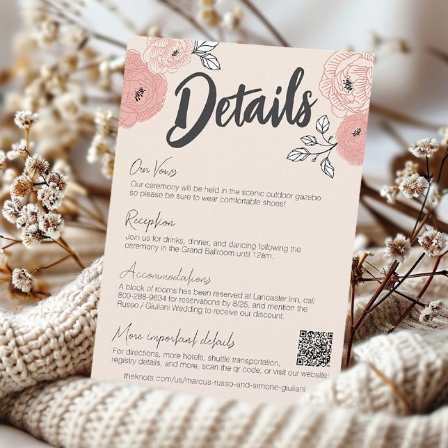 Tarjeta De Recepción Detalles exclusivos del Boda floral rosa dibujado  (Dusty rose pink hand drawn handwritten whimsical villa manor QR code wedding invitation details card)