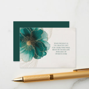 Tarjeta De Recepción Detalles Floral Verde Azulado Boda Dorada