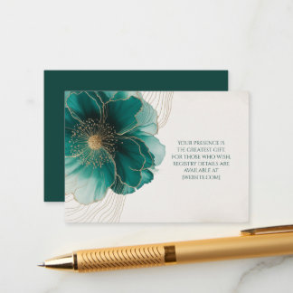 Tarjeta De Recepción Detalles Floral Verde Azulado Boda Dorada
