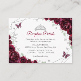 Tarjeta De Recepción Detalles Florales de Burgundy y Plata para Quincea