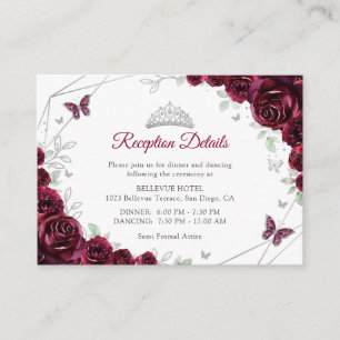 Tarjeta De Recepción Detalles Florales de Burgundy y Plata para Quincea