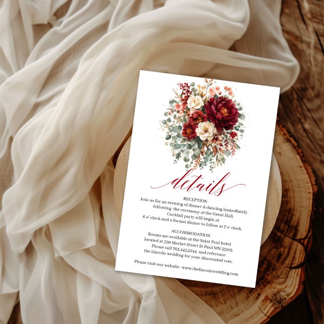 Tarjeta De Recepción Detalles Florales de Otoño Rojo Profundo Boho Euca (Autumn Deep Red Floral Boho Eucalyptus Details Card

)