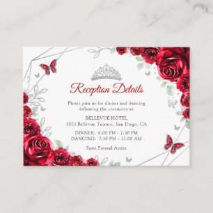Tarjeta De Recepción Detalles Florales de Quinceañera Rojo Plata