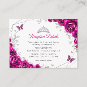 Tarjeta De Recepción Detalles Florales de Quinceañera Rosa Fuchsia Plat