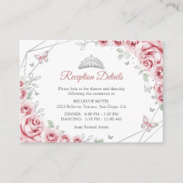 Tarjeta De Recepción Detalles Florales de Rosa y Plata para Quinceañera