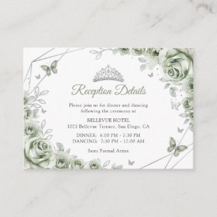 Tarjeta De Recepción Detalles Florales de Verde Salvia y Plata para Qui