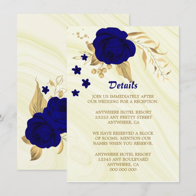 Tarjeta De Recepción Detalles florales del oro azul real (Anverso / Reverso)