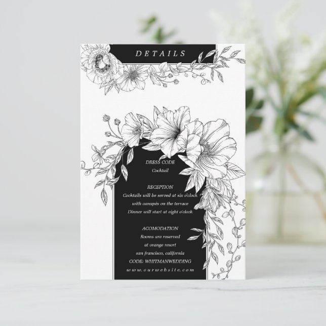 Tarjeta De Recepción detalles florales elegantes en blanco y negro (Anverso de pie)