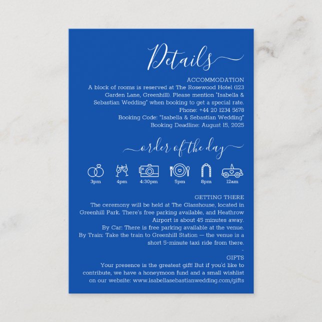 Tarjeta De Recepción Detalles Formales de Boda Azul Cobalto (Anverso)