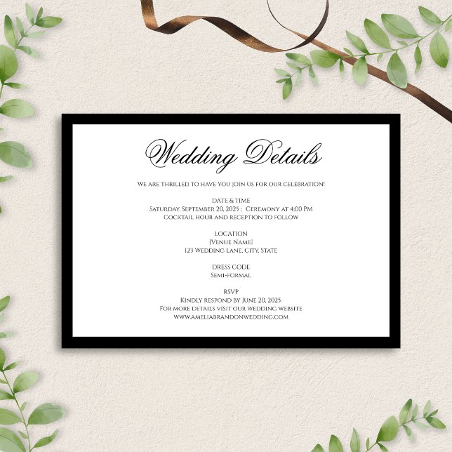 Tarjeta De Recepción Detalles formales del Boda blanco y negro clásico (Subido por el creador)