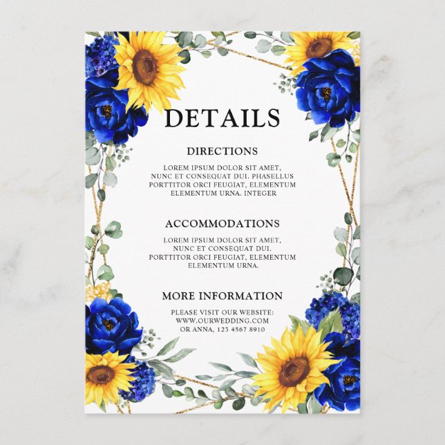 Tarjeta De Recepción Detalles geométricos de boda con girasoles azul re (Anverso)