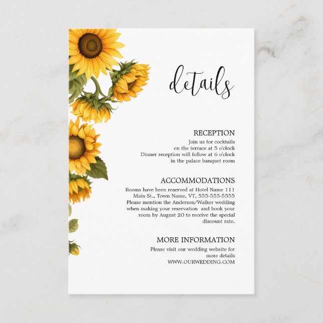 Tarjeta De Recepción Detalles girasoles minimalistas bajo sol brillante (Anverso)