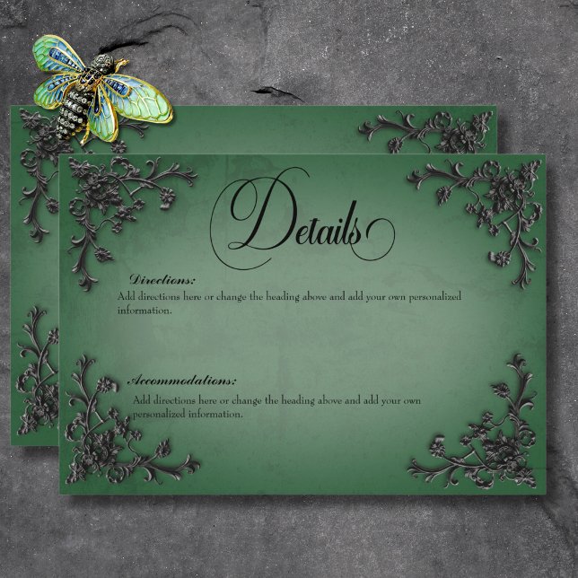 Tarjeta De Recepción Detalles góticos del corazón negro y verde filigrí (Gothic Black & Green Filigree Heart Details Enclosure Card)