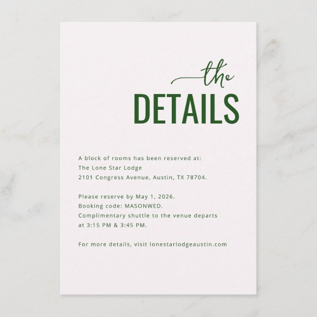 Tarjeta De Recepción Detalles minimalistas verdes elegantes (Anverso)