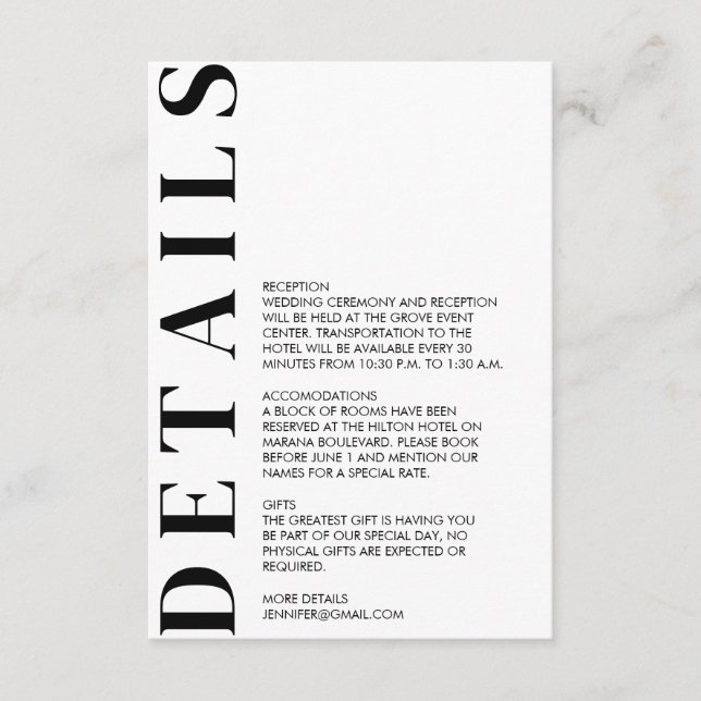Tarjeta De Recepción Detalles Mínimos de Boda (Anverso)