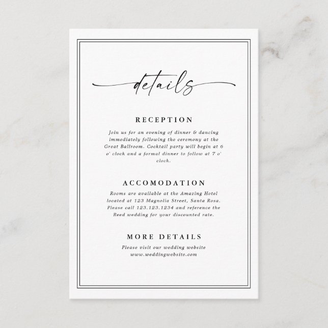 Tarjeta De Recepción Detalles Mínimos de Boda (Anverso)