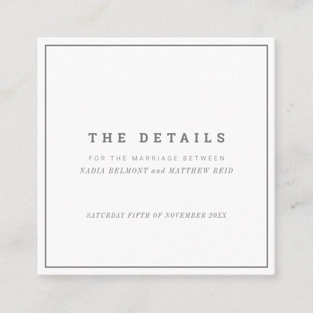 Tarjeta De Recepción Detalles mínimos del boda cuadrado blanco gris (Anverso)