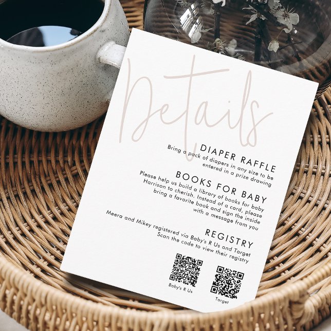 Tarjeta De Recepción Detalles modernos de Baby Shower rosado con guión  (Modern Script Pink Baby Shower Details 2 QR Codes Enclosure Card)