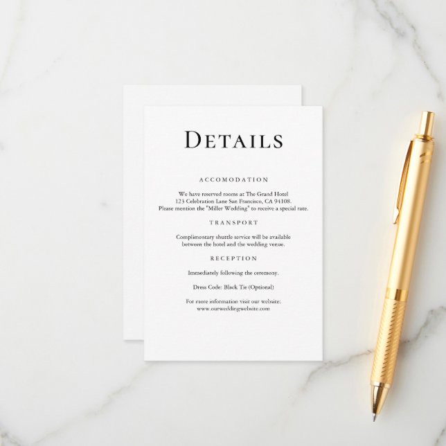 Tarjeta De Recepción Detalles modernos de Boda blanco y negro mínimo (Anverso/Reverso In Situ)