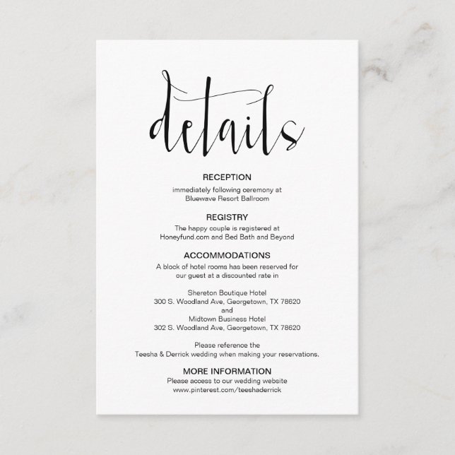Tarjeta De Recepción Detalles modernos de Boda editable, fuente negra, (Anverso)