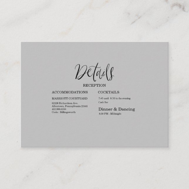 Tarjeta De Recepción Detalles modernos de Boda negro y gris (Anverso)