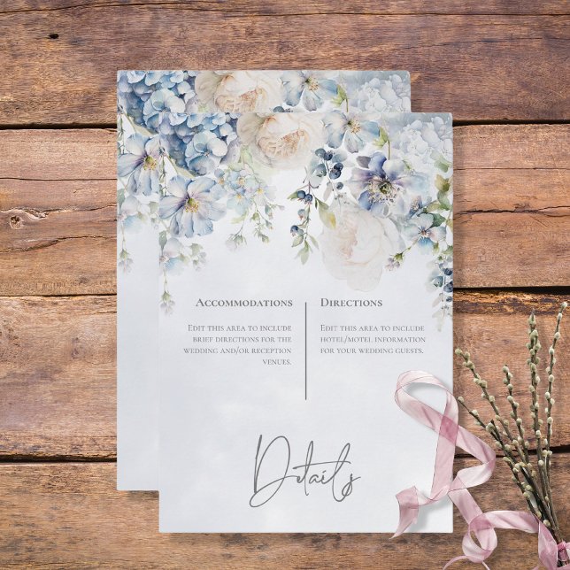 Tarjeta De Recepción Detalles modernos de floral azul y blanco (Blue & White Floral Modern Wedding Details Enclosure Card)