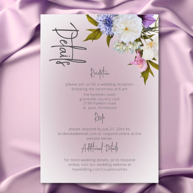 Tarjeta De Recepción Detalles modernos de la flor peri White Mauve (Peri White Mauve Floral Modern Details Enclosure Card)