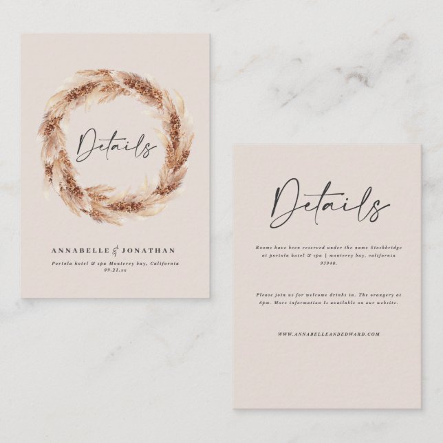 Tarjeta De Recepción Detalles modernos del boda de hierba de boho pampa (Anverso / Reverso)