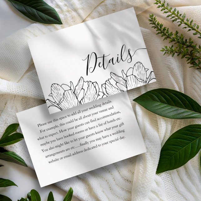 Tarjeta De Recepción Detalles modernos del Boda floral blanco y negro (Subido por el creador)