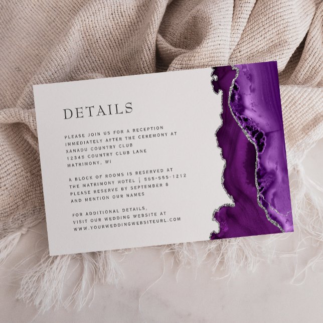 Tarjeta De Recepción Detalles modernos del Boda plateado de Agate Purpl (Subido por el creador)