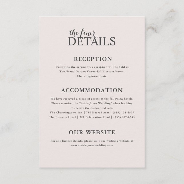 Tarjeta De Recepción Detalles modernos del Boda rosa Rubor (Anverso)