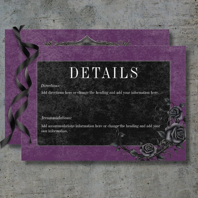 Tarjeta De Recepción Detalles morados de ravina negra gótica y Rosas ne (Gothic Black Raven & Black Roses Purple Details Enclosure Card)