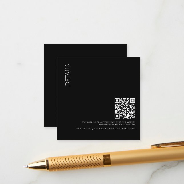 Tarjeta De Recepción Detalles Negros Hermosos con Código QR Boda (Anverso/Reverso In Situ)