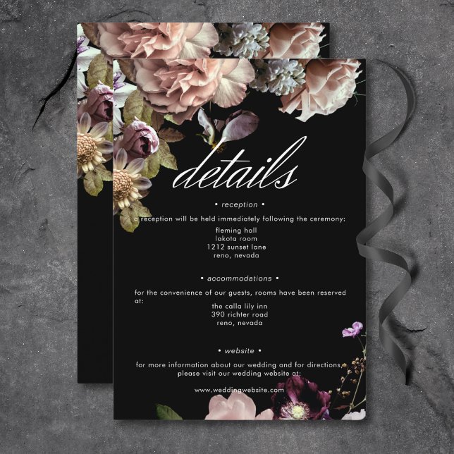 Tarjeta De Recepción Detalles oscuros de Moody Pastel Opulent Floral Bl (Dark Moody Pastel Opulent Floral Black Details Enclosure Card)