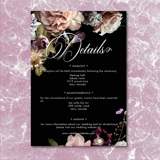 Tarjeta De Recepción Detalles oscuros de Moody Pastel Opulent Floral Bl (Dark Moody Pastel Opulent Floral Black Details Enclosure Card)