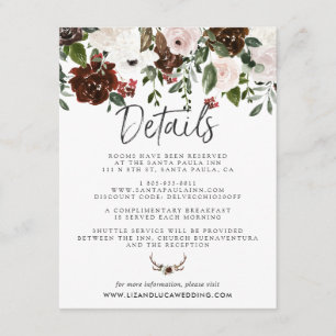 Tarjeta De Recepción Detalles para Invitados de Boda Floral Boho Campo 