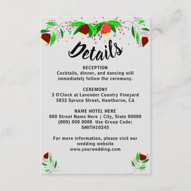 Tarjeta De Recepción Detalles Pequeños Flores Detalle de Boda (Anverso)