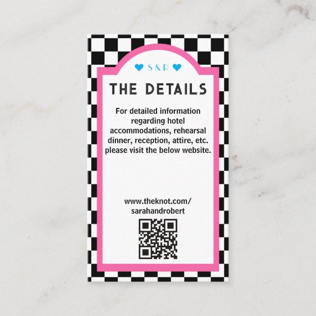 Tarjeta De Recepción Detalles retro de tablero de ajedrez azul rosa neg (Anverso)