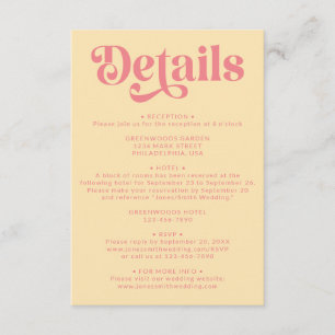 Tarjeta De Recepción Detalles retro moderno rosa y Boda amarillo