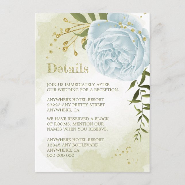 Tarjeta De Recepción detalles románticos de flores azules verdes (Anverso)