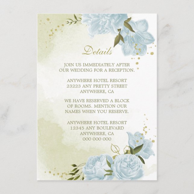 Tarjeta De Recepción detalles románticos de flores azules verdes (Anverso)