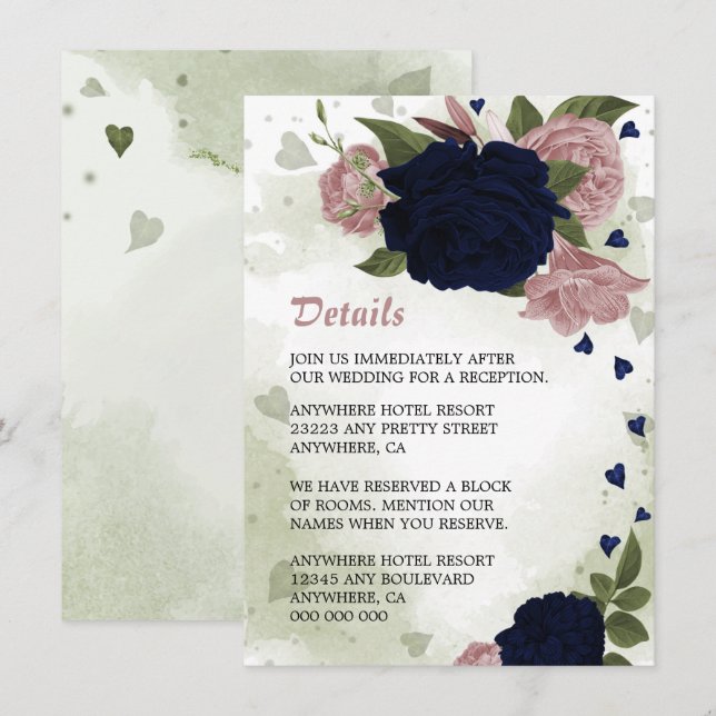 Tarjeta De Recepción detalles románticos de la marina y las flores rosa (Anverso / Reverso)