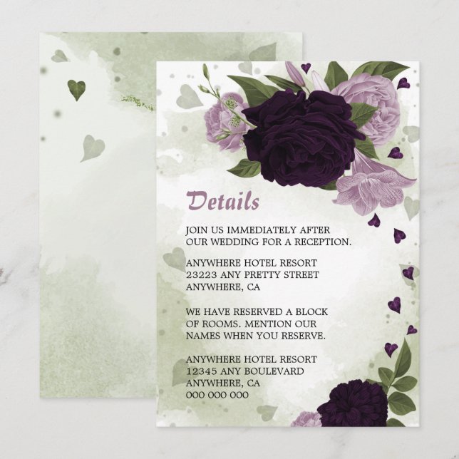 Tarjeta De Recepción detalles románticos de las flores púrpura de la ve (Anverso / Reverso)