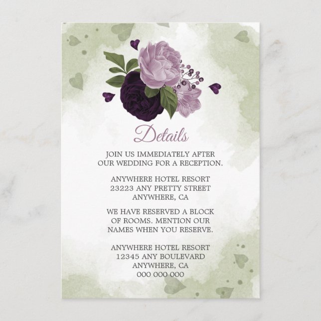 Tarjeta De Recepción detalles románticos de las flores púrpura de la ve (Anverso)