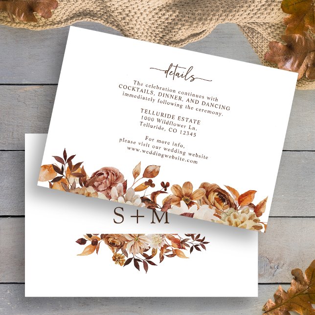 Tarjeta De Recepción Detalles Rústicos Elegantes de Otoño (Rustic Elegant Autumn Floral Details Enclosure Card back Monogram by Painted Paperie
)